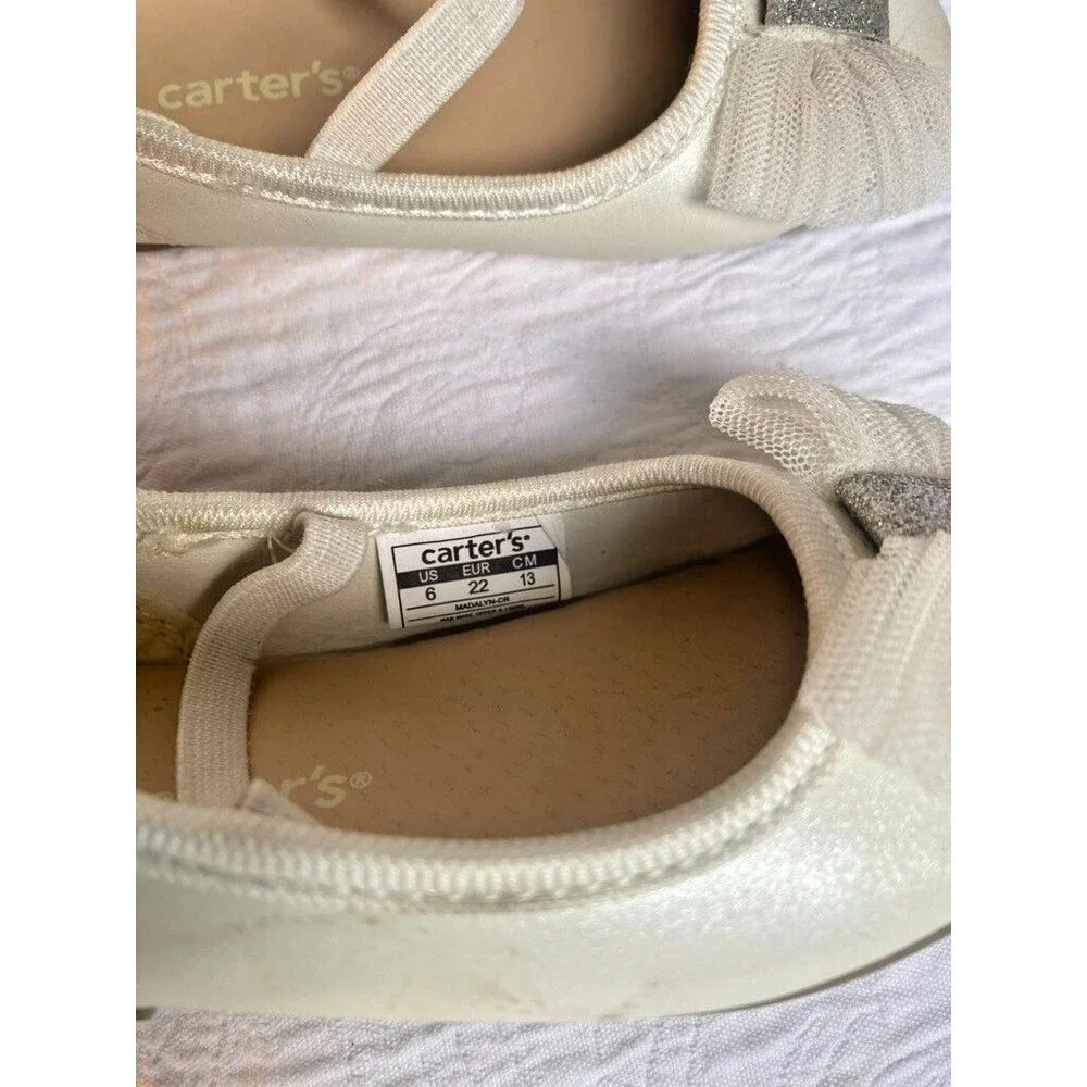 Toddler Girls Carter's Flat White Dress Shoes with Bow and Strap Size 6 Toddler